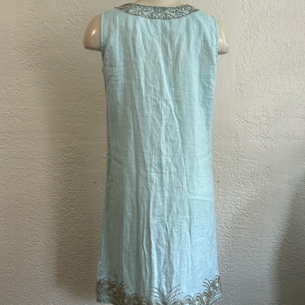 Bella Tu Jeanne D’ Gopi Vaid Linen Beaded Dress 6 Mint Blue Sleeveless India - Picture 3 of 14
